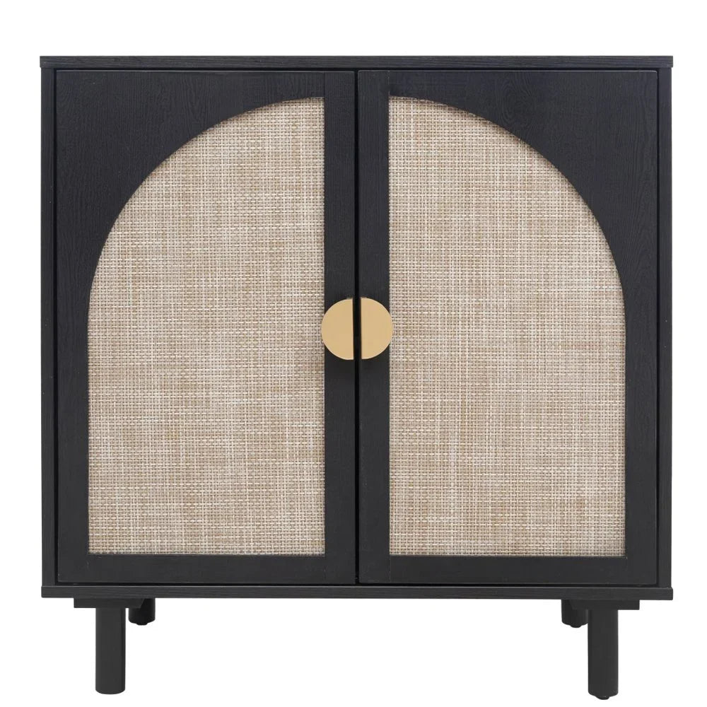 Tcbosik Rattan Storage Cabinet, Boho Sideboard Buffet Cabinet, Accent Cabinet with 2 Doors and Adjustable Shelves, Living Room, Kitchen, Dining Room, Hallyway, Black