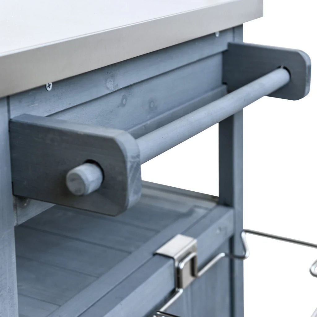 Solid Wood Outdoor Kitchen Island with Drop Leaf, Grill Table with Stainless Steel Table Top, Outdoor Bar Cart & Storage Cabinet with Lockable Wheels, Drawer, Spice Rack, Blue Grey