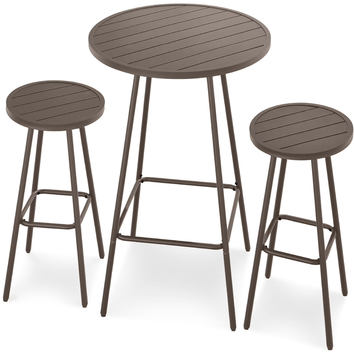 Best Choice Products 3-Piece Steel Patio Bar Height Round Bistro Set w/ Backless Stools, Slatted Design - Black