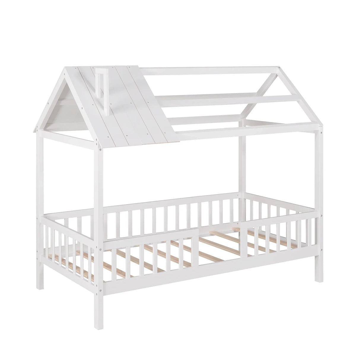 Euroco Twin Size Platform Bed, House Bed with Fence for Kids, Gray