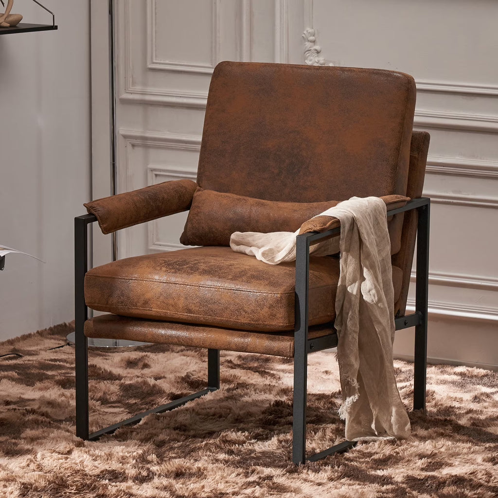 Ktaxon Accent Chair Lounge Armchair Modern Linen Fabric Upholstered Single Sofa with Black Coated Metal Frame Creamy White and Brown