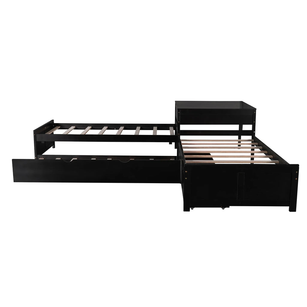 Euroco Wood Twin Size L-Shaped Platform Bed with Square Storage Table for Kids Teens, 2 Platform Beds with Trundle and Drawers for Living Room, 3 Twin Beds, Gray