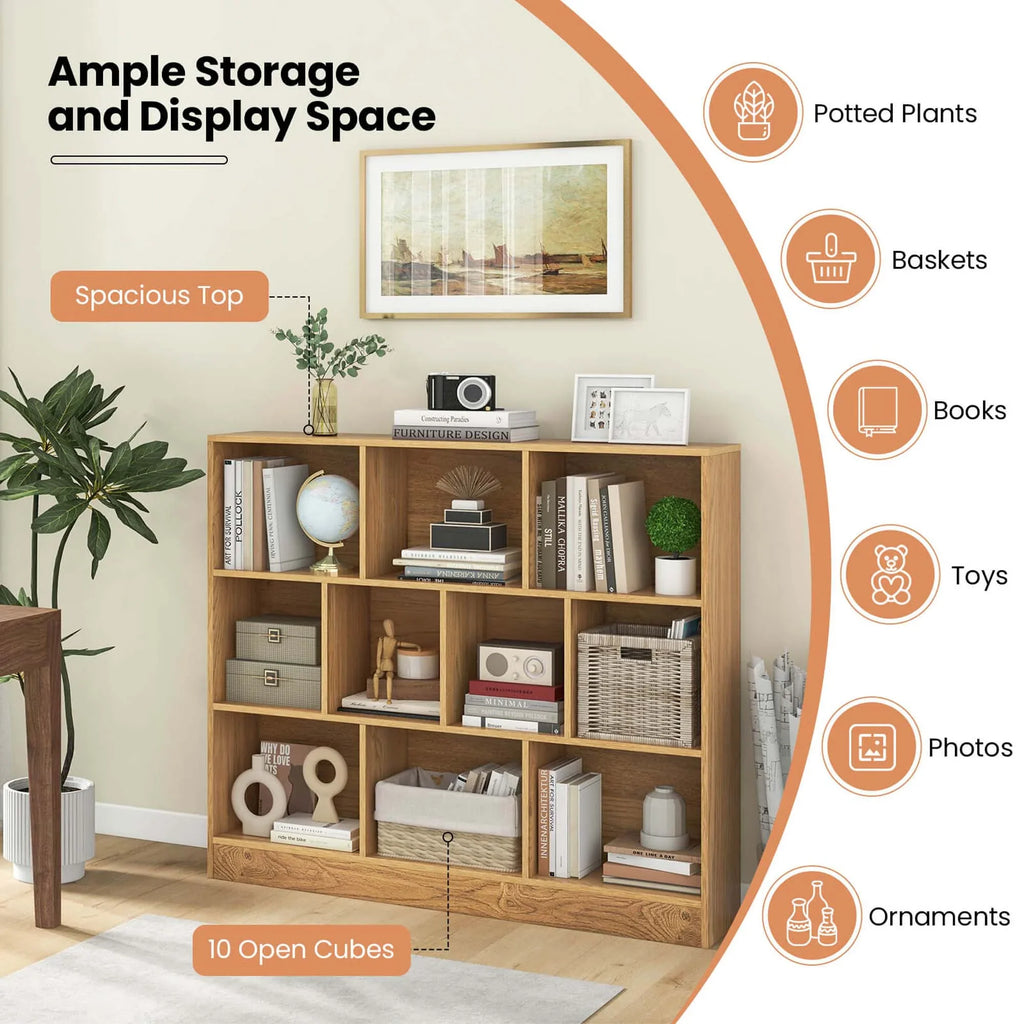 Costway 10-Cube Bookcase for Kids 41"Wooden Toy Storage Organizer for Kid’s Room White