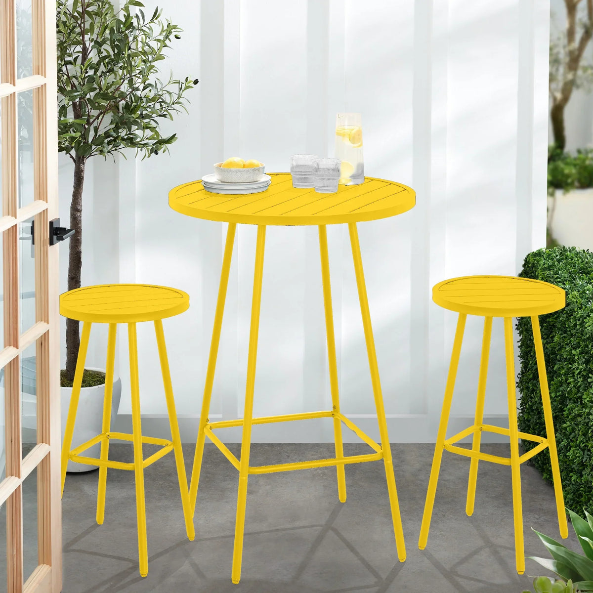Best Choice Products 3-Piece Steel Patio Bar Height Round Bistro Set w/ Backless Stools, Slatted Design - Black