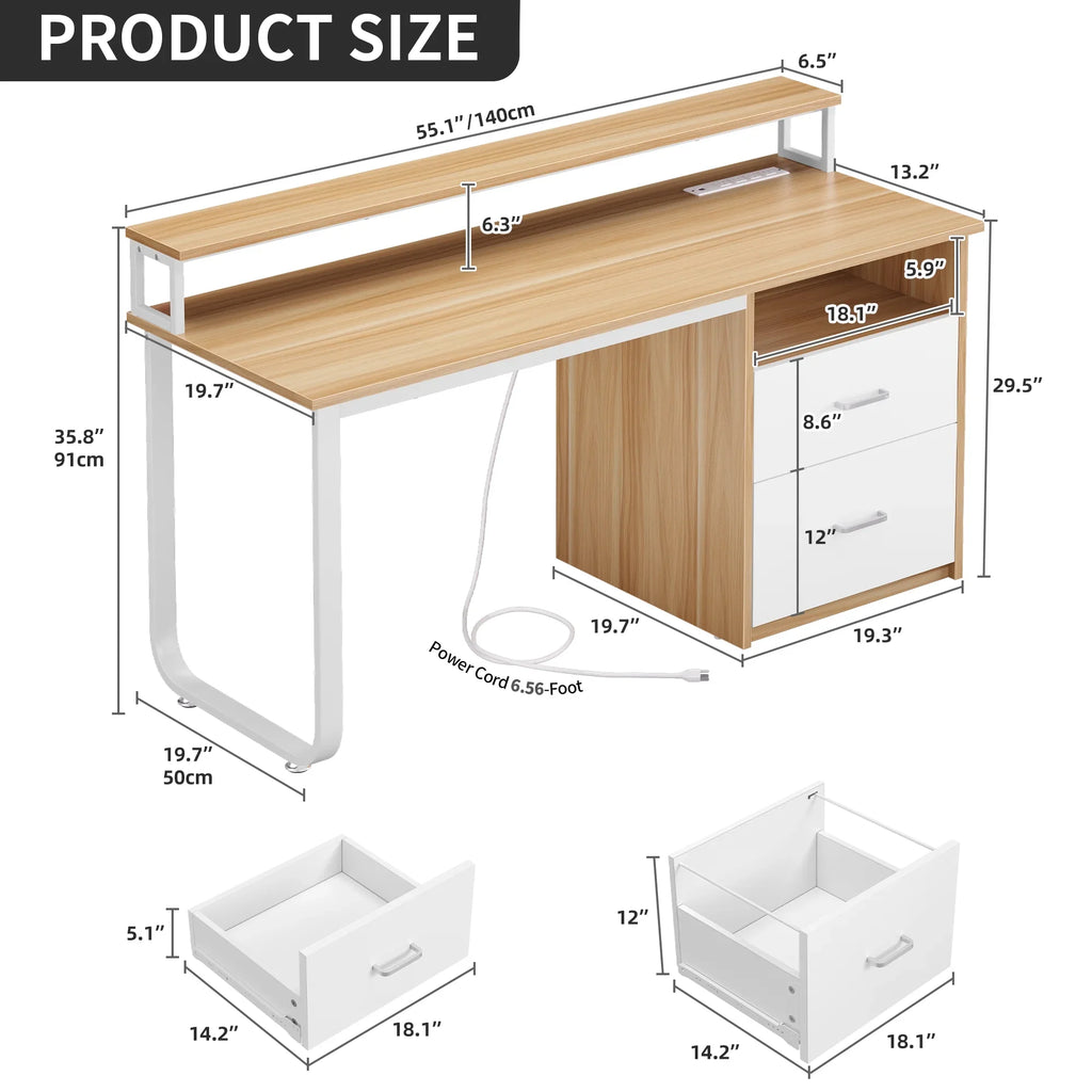 Dextrus 47 inch Computer Desk with Storage Drawers & LED Light, Office Desk with Monitor Stand & Power Outlets, Work Study PC Desk for Small Spaces, Home Office, Oak