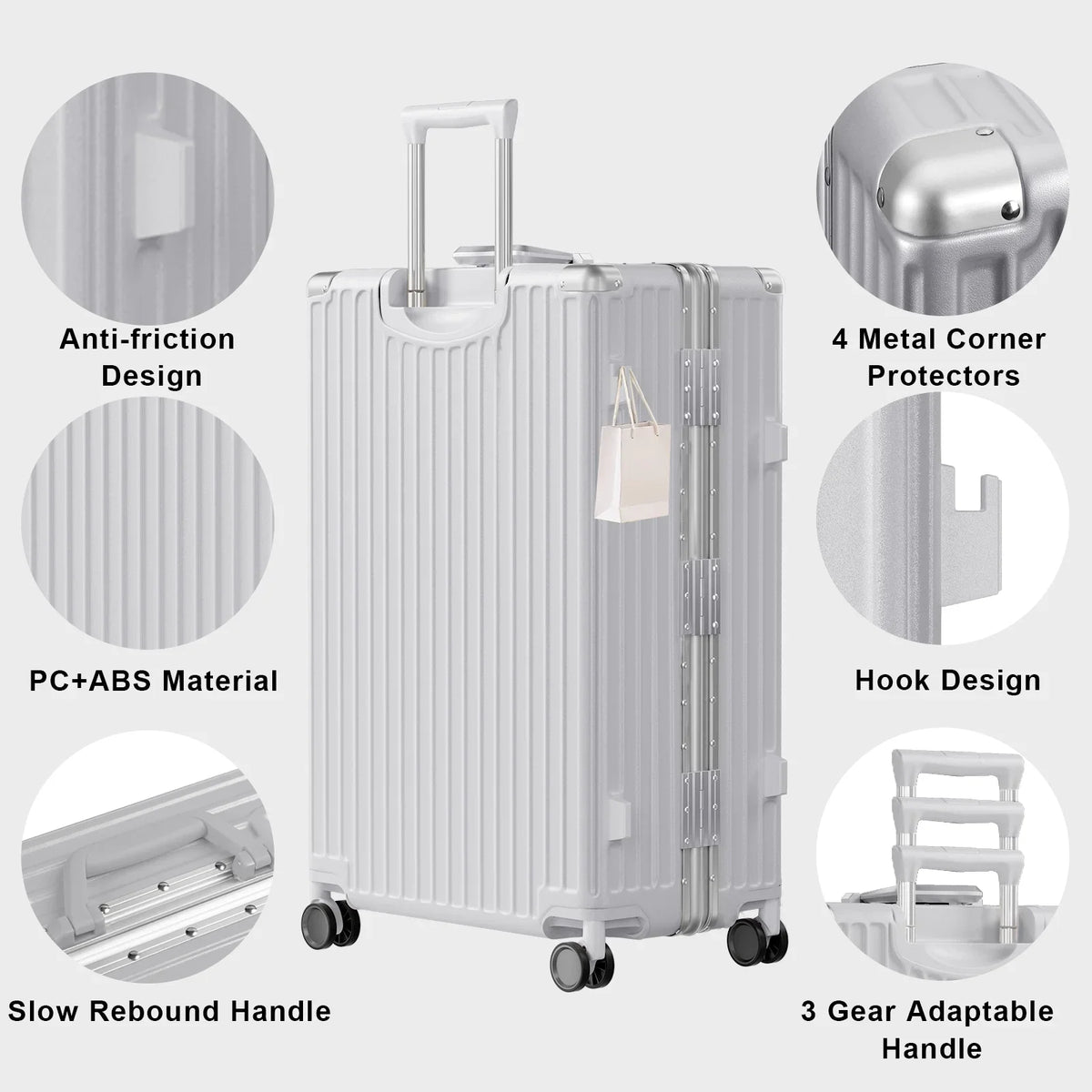 Luggage Aluminium Frame PC ABS Hardshell Suitcase with Spinner Wheels TSA Lock Zipperless Luggage 28 inch Silver