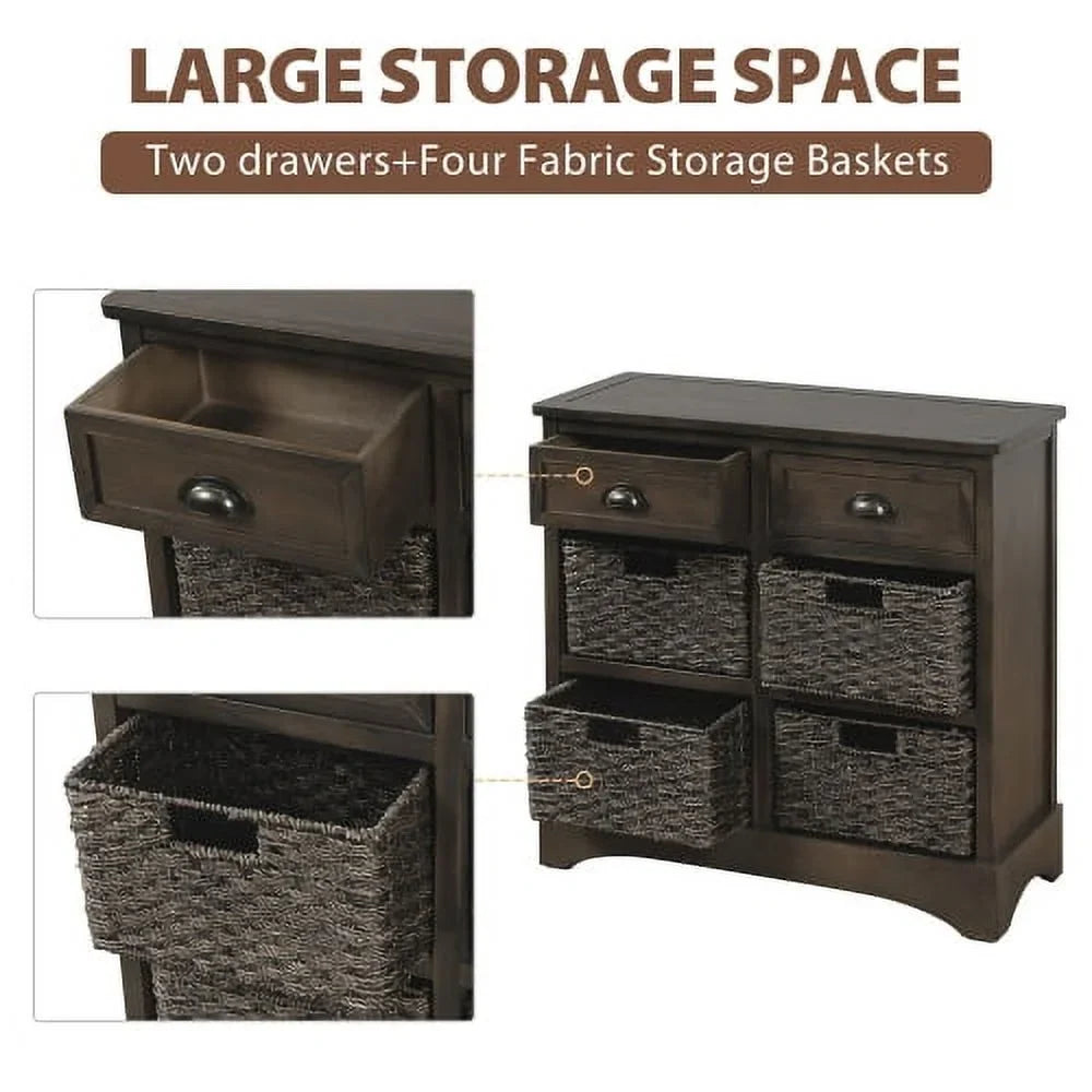 Rustic Storage Cabinet, Wood Accent Cabinet with 2 Drawers and 4 Rattan Baskets,Entryway Console Table Sofa Table for Living Room,Dining Room,White Washed