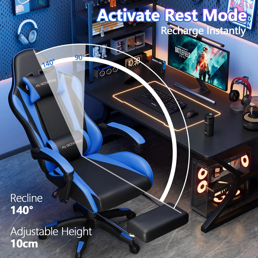 Mr IRONSTONE Office Gaming Chair with Footrest & Lumbar Support, Ergonomic Adjustable Computer Chair with Swivel Seat & Headrest, Blue
