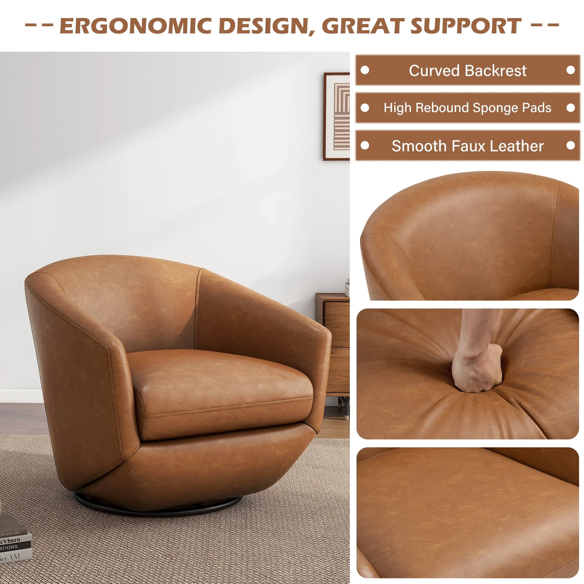 DREAMSIDEA Faux Leather Swivel Accent Chair Sets of 2 360" Swivel Barrel Chair,Swivel Club Sofa for Living Room, Bedroom, Office,Brown