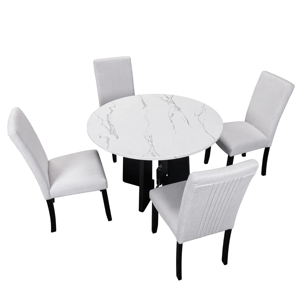 EUROCO 5-Piece Round Dining Table Set for 4, 43.3'' Kitchen Room Table with 4 Upholstered Chairs and Solid Wood Frame,Kitchen Table Set for Home Living Dining Room, Grey & Black