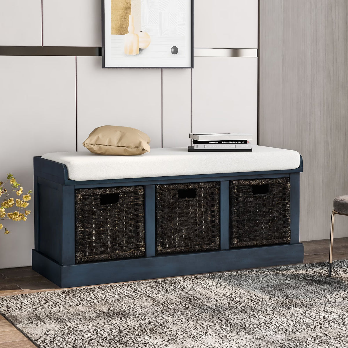 Entryway Storage Bench with 3 Woven Baskets and Removable Cushion, Entry Hallway Foyer Shoe Bench End of Bed Bench, Fully Assembled, 41.3" L x 15.7" W x 17" H (White Washed)