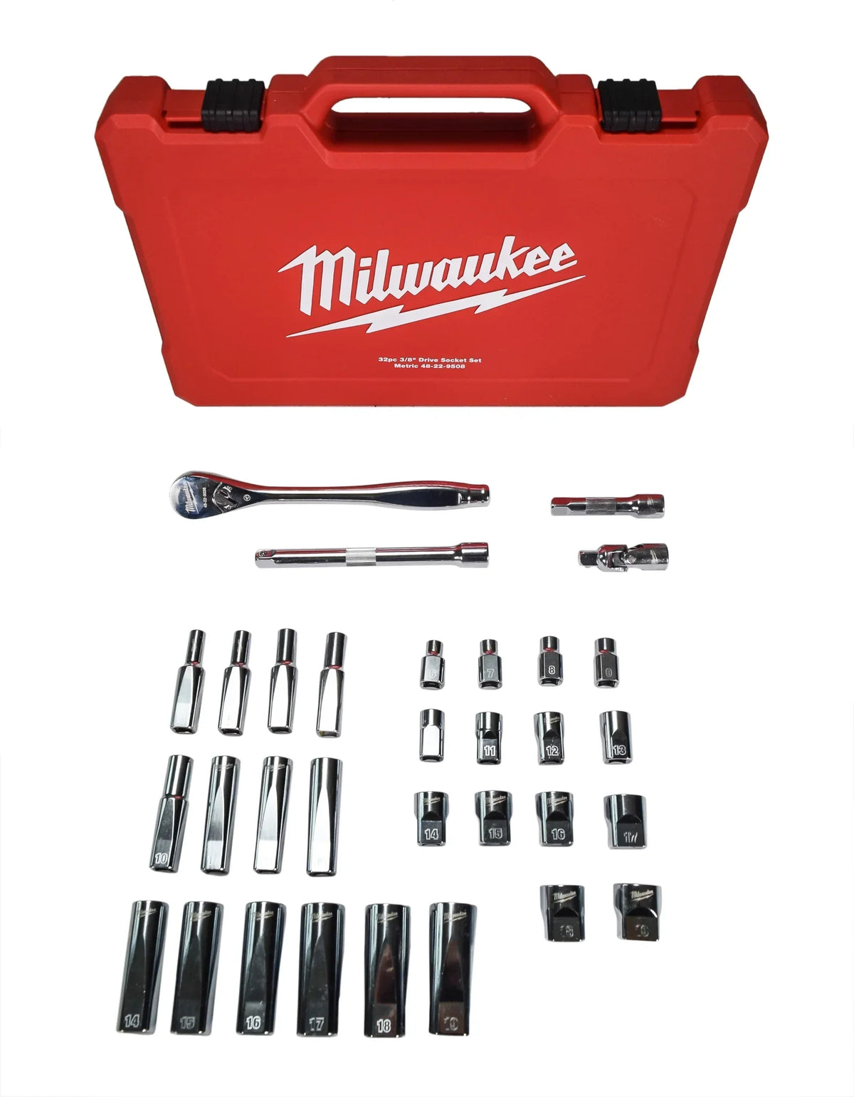 MILWAUKEE 32-Piece Metric 3/8 in. Drive Ratchet & Socket Set �C Slim Profile, 90-Tooth, Deep & Standard Sockets (48-22-9508)