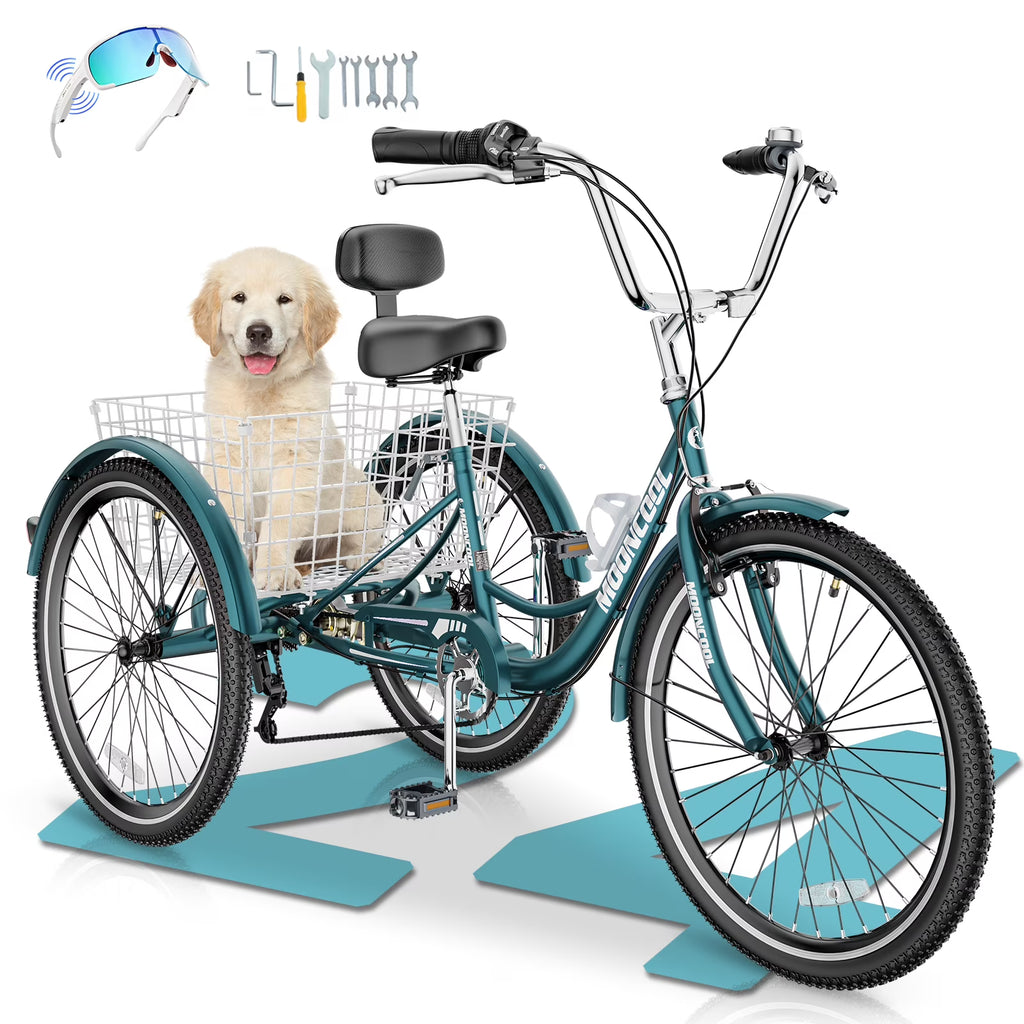 MOONCOOL Adult Tricycles with Rear Basket & Inflator, 24 26 inch 7 Speed 3 Wheel Bikes, Three-Wheeled Bicycles Adult Trike with Backrest for Seniors, Women, Men