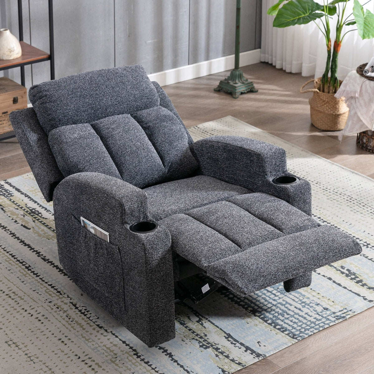 Bonzy Home Heated Manual Massage Recliner with Cup Holder Padded Breathable Fabric Recliner, Home Theater Seating"Navy