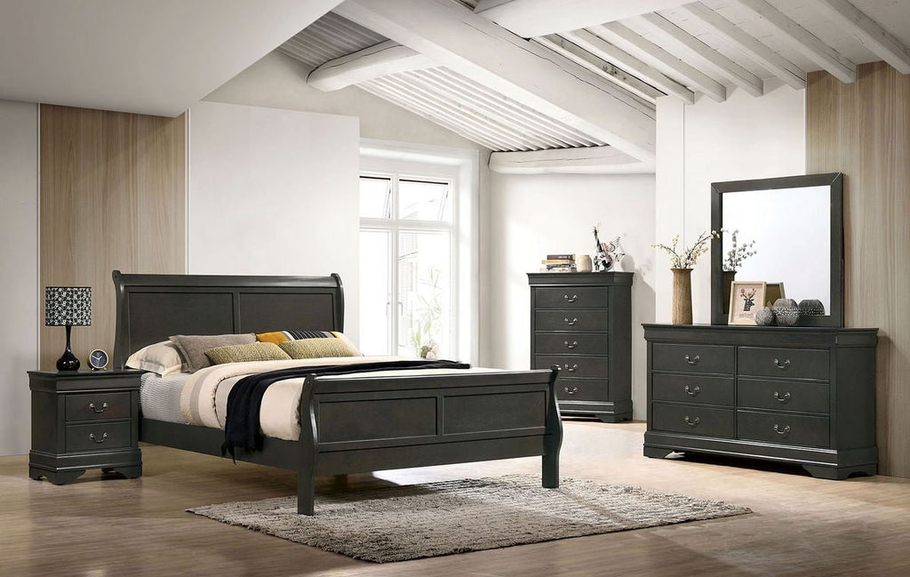 Transitonal Style Gray Solid wood 4pc Bedroom Set Full Size Bed Dresser Mirror Nightstand Master Bedroom Furniture