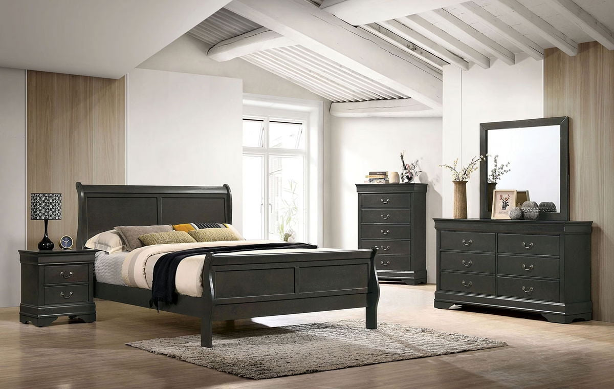 Transitonal Style Gray Solid wood 4pc Bedroom Set Full Size Bed Dresser Mirror Nightstand Master Bedroom Furniture