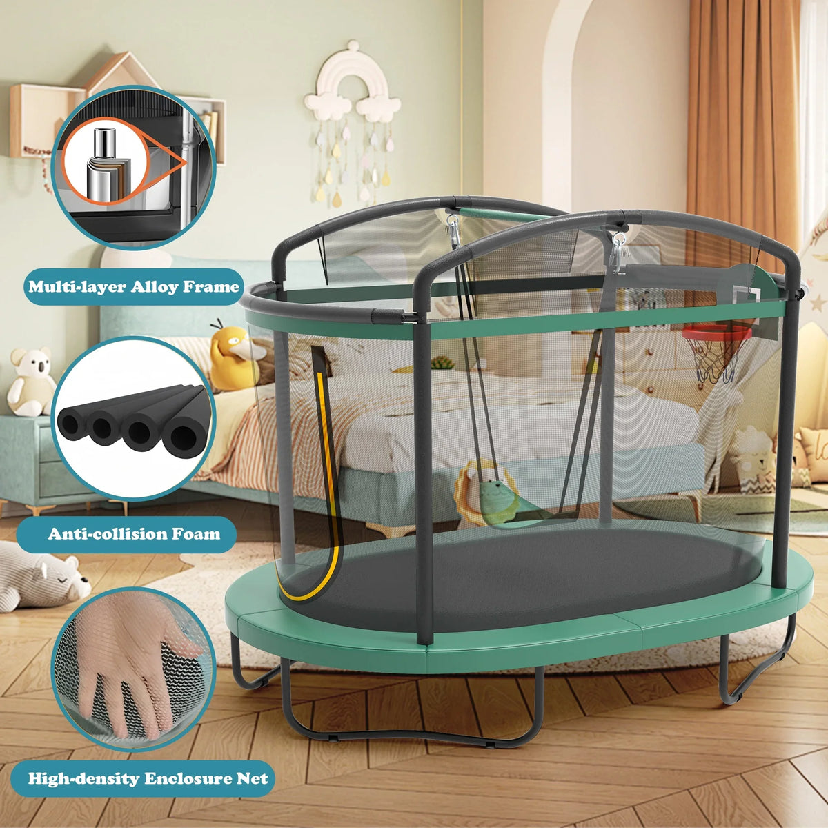 Seizeen 6FT Trampoline for Kids, 3-IN-1 Rectangular Outdoor/Indoor Trampoline with Enclosure, Basketball Hoop, Swing