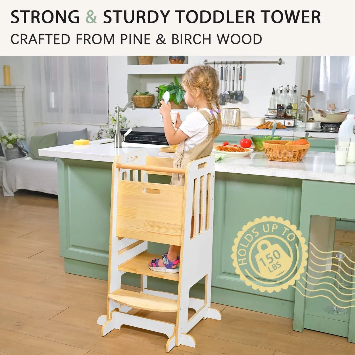 Toddler Standing Tower, Kids Kitchen Stool Helper 3 Levels Adjustable Height Wooden Toddler Step Stools for Learning New Skills