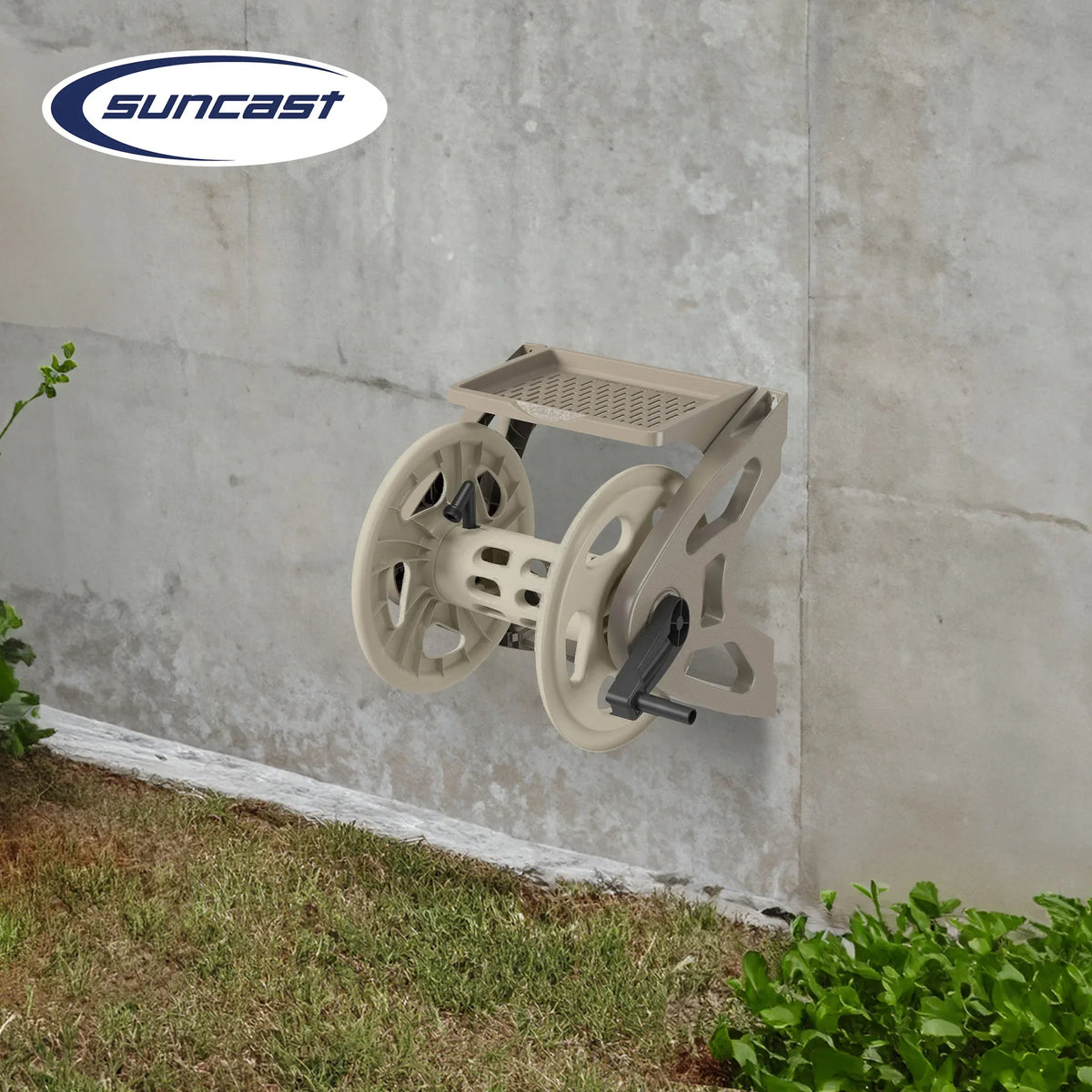 Suncast Handler 200 Foot Resin Wall Mounted Outdoor Garden Hose Reel, Taupe