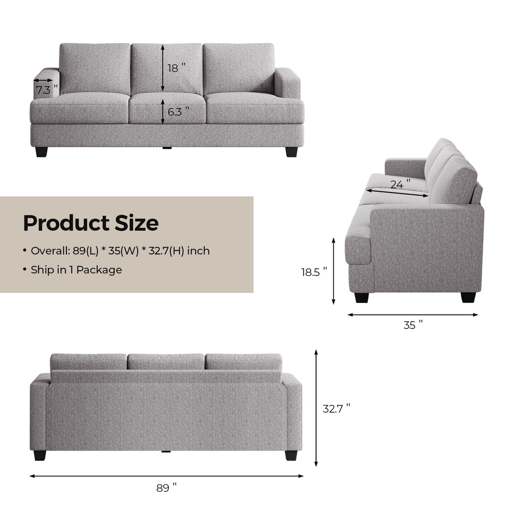 BLAZANT 3 Seater Sofa Oversize, 89" Extra Large Size Sofa Couch with Extra Deep Seats, Modern Loveseat Sofa, Comfortable Fabric, Easy to Install, for Living Room Apartment Lounge, Brown