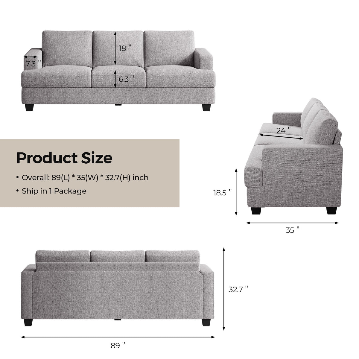 BLAZANT 3 Seater Sofa Oversize, 89" Extra Large Size Sofa Couch with Extra Deep Seats, Modern Loveseat Sofa, Comfortable Fabric, Easy to Install, for Living Room Apartment Lounge, Brown