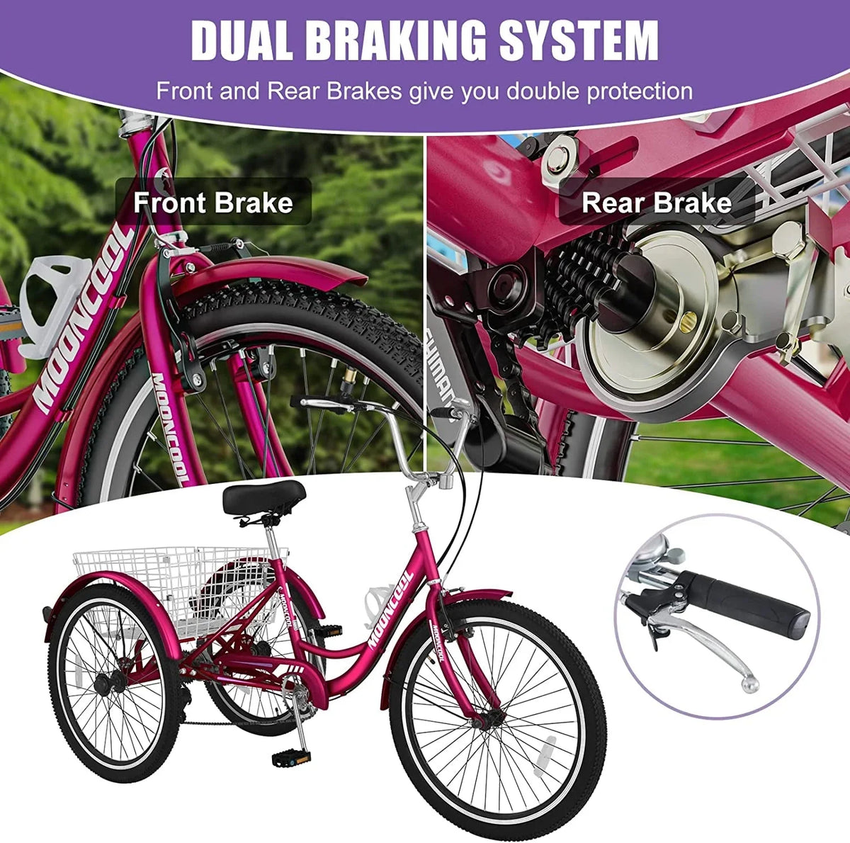 MOONCOOL Adult Tricycles with Rear Basket & Inflator, 24 26 inch 7 Speed 3 Wheel Bikes, Three-Wheeled Bicycles Adult Trike with Backrest for Seniors, Women, Men