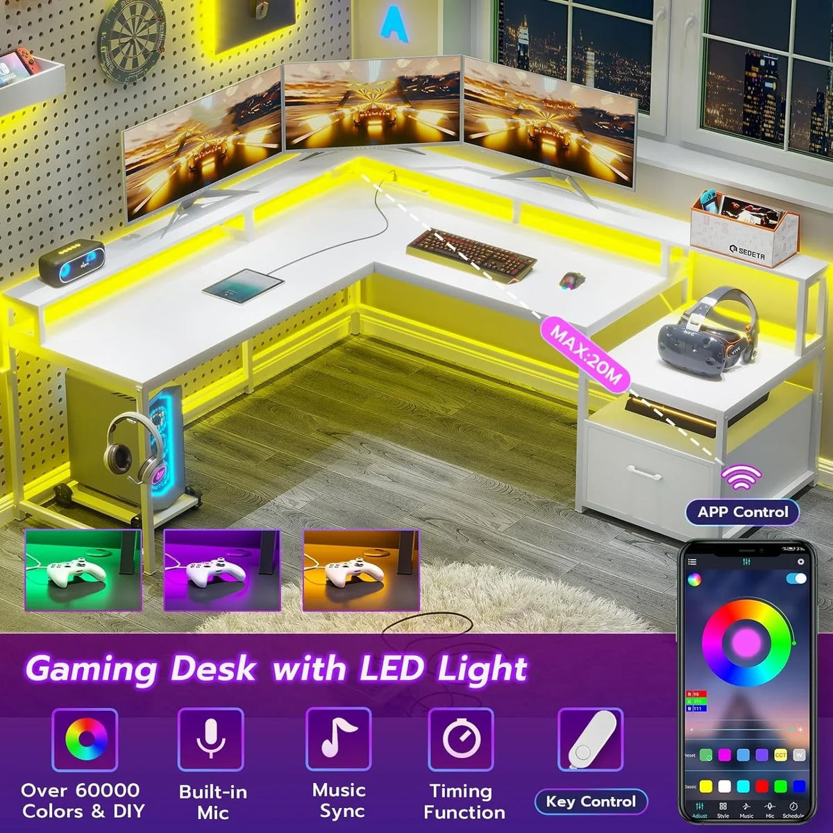 L Shaped Desk with Power Outlet and LED Lights, Corner Computer Desk with File Drawer for Home Office, Gaming Desk, Rustic Brown
