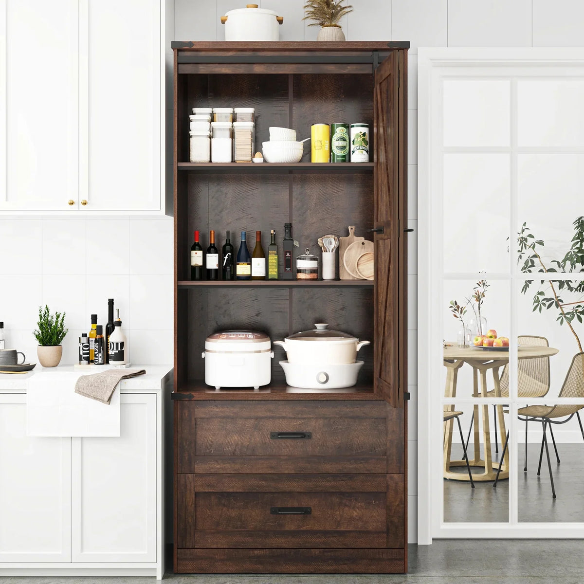 72''Tall Farmhouse Kitchen Pantry Cabinet, 3 Layers Storage Cabinet with Adjustable Shelves, 2 Drawer, Folding Door, Versatile Large Rustic Cabinet for Kitchen, Dining Room, Living Room, Bathroom