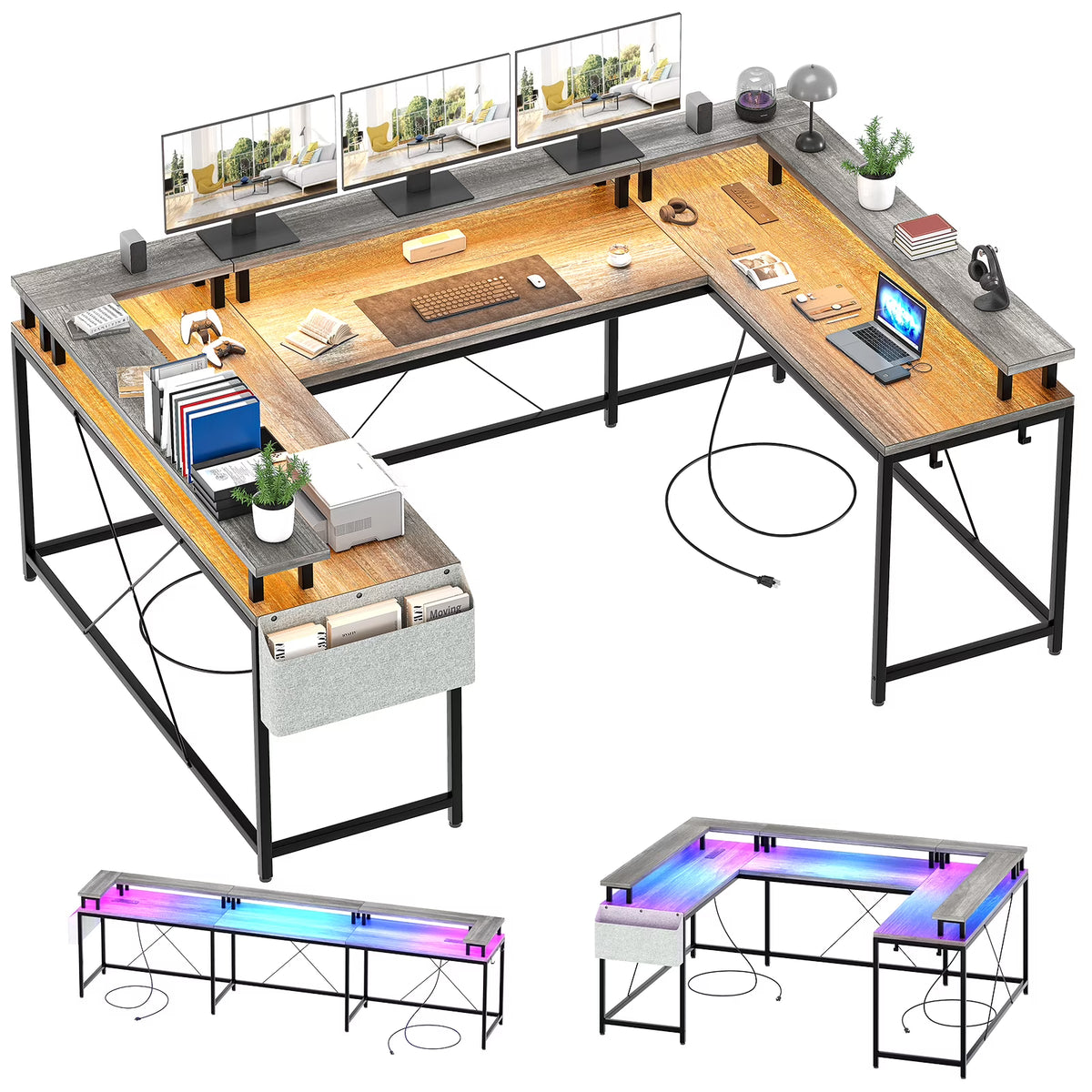 Yesfashion U Shaped Computer Gaming Desk, Reversible L Shaped Desk with Power Outlets, LED Strip & Monitor Stand, Large Corner Desk with Storage Shelves