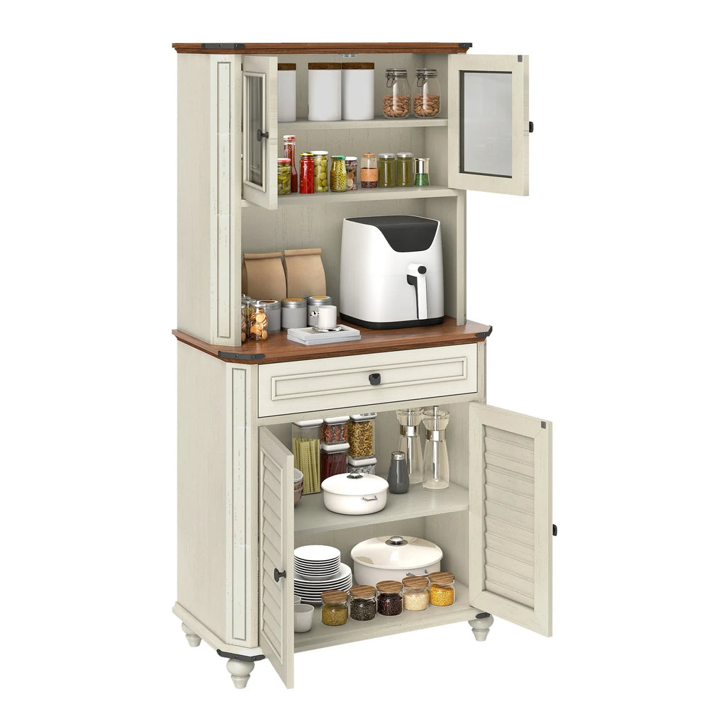 Uforic Kitchen Pantry Storage Cabinet with Microwave Stand & Drawer & Doors, White