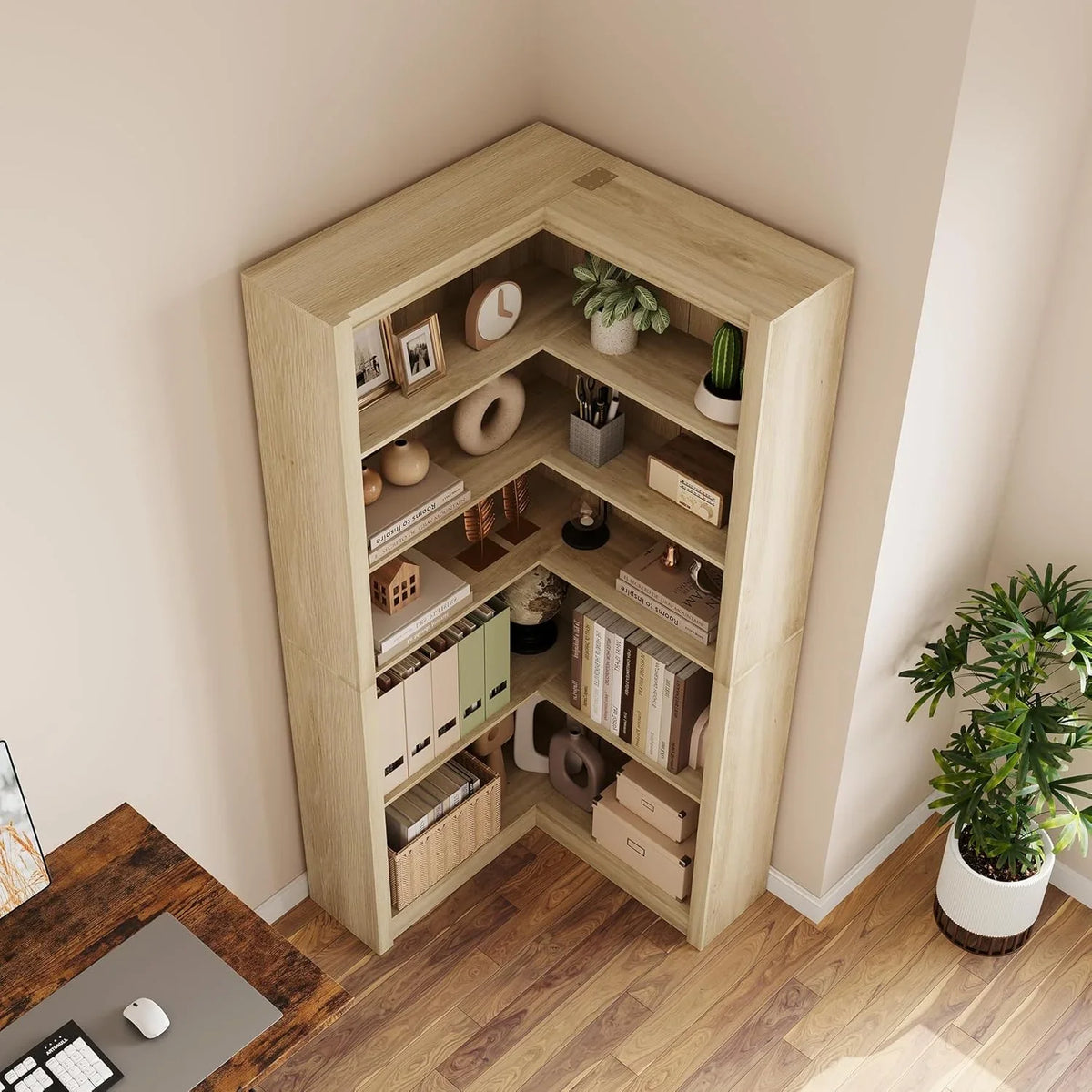 Studyset Corner Bookshelf Farmhouse Corner Bookcase 71.8'' Tall Bookcase, L-Shaped Large Display Shelf 5 Tier L-Shaped Bookshelf Large Shelf w/Anti-Tipping Kit, Bookcases with Storage Heavy Duty