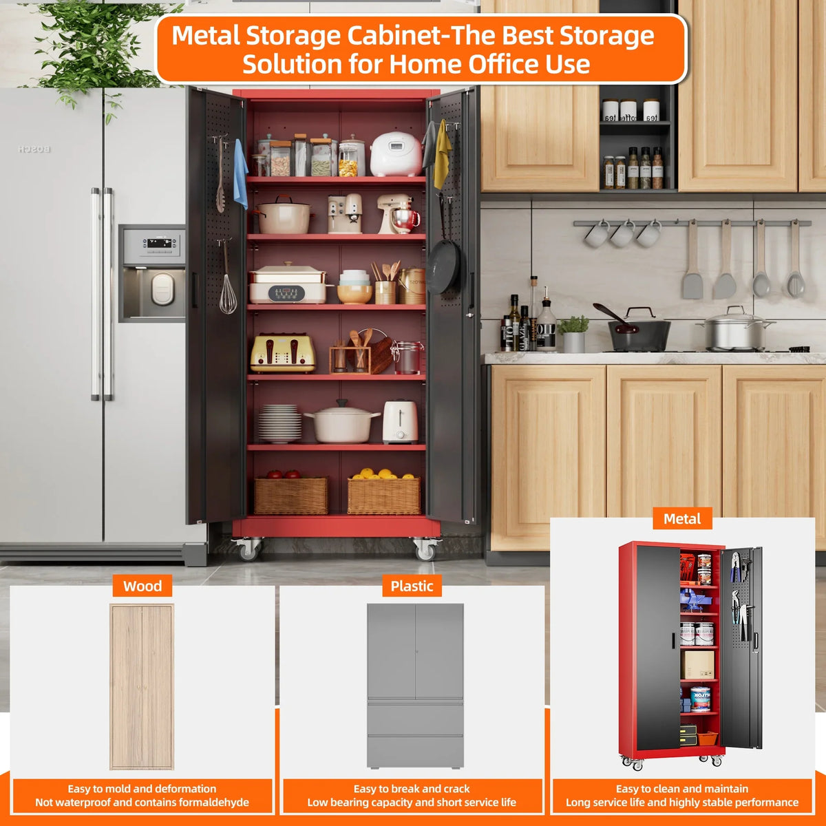 GangMei 71 inches Tall Metal Rolling Garage Storage Cabinets with Locking Doors and 5 Adjustable Shelves, Metal Storage Cabinet for Garage, Office, Home, Classroom, Assemble Required(Black)