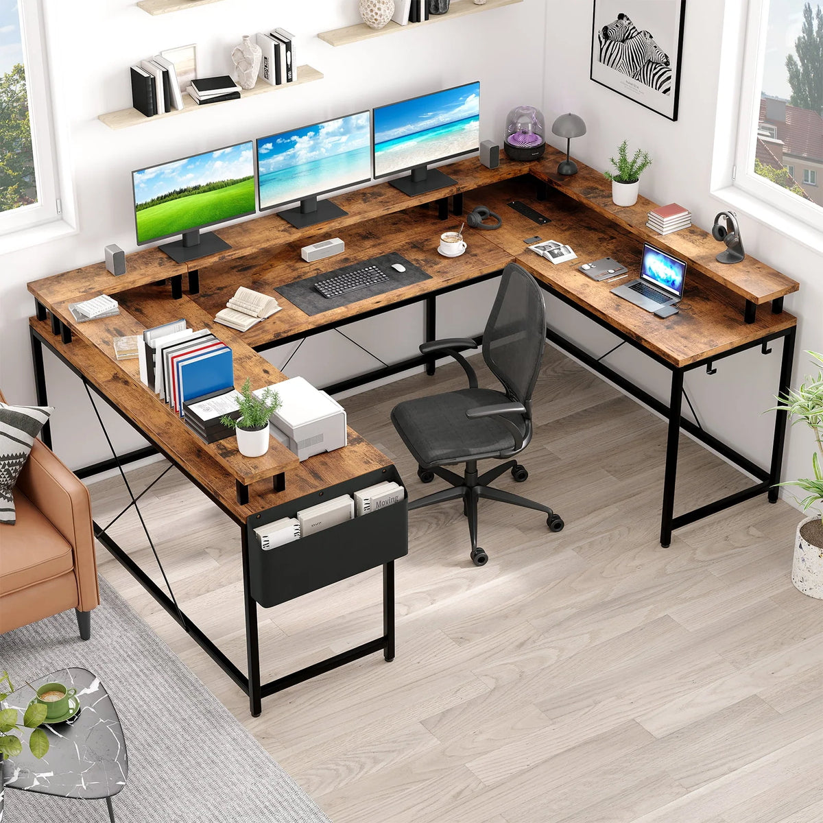 Yesfashion U Shaped Computer Gaming Desk, Reversible L Shaped Desk with Power Outlets, LED Strip & Monitor Stand, Large Corner Desk with Storage Shelves