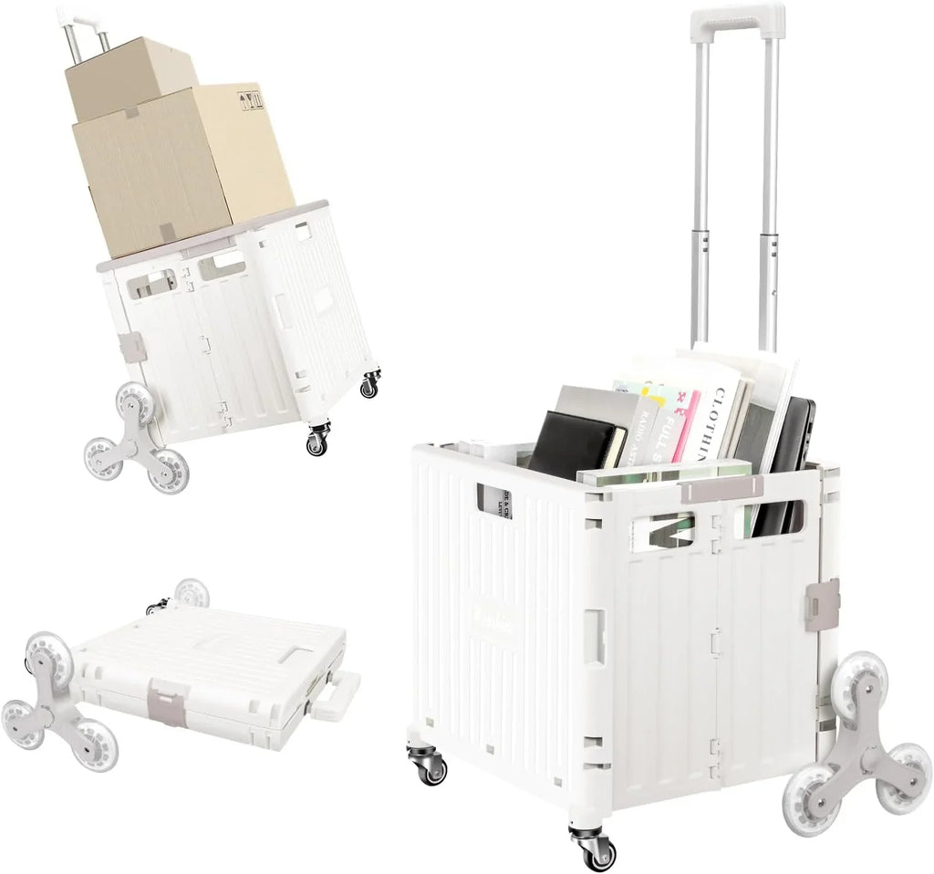 Collapsible Rolling Crate for Stair Climbing: Rolling Cart for Shopping Teacher Laundry (Milky White)