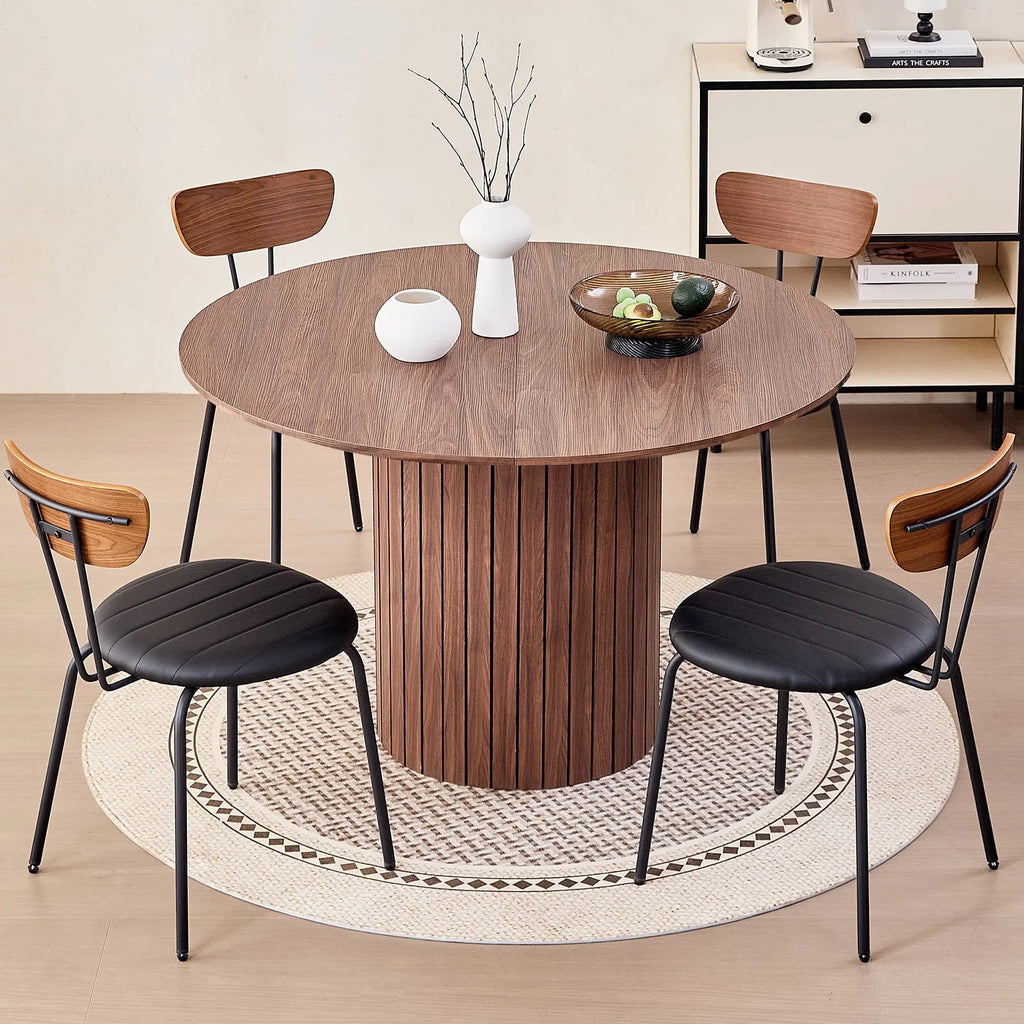 47 inches Modern Round Dining Table, Wood Kitchen Table for 4 with Two-part Tabletop and Wooden Strip Columns Base, Farmhouse Table for Kitchen, Dinning Room, Oak