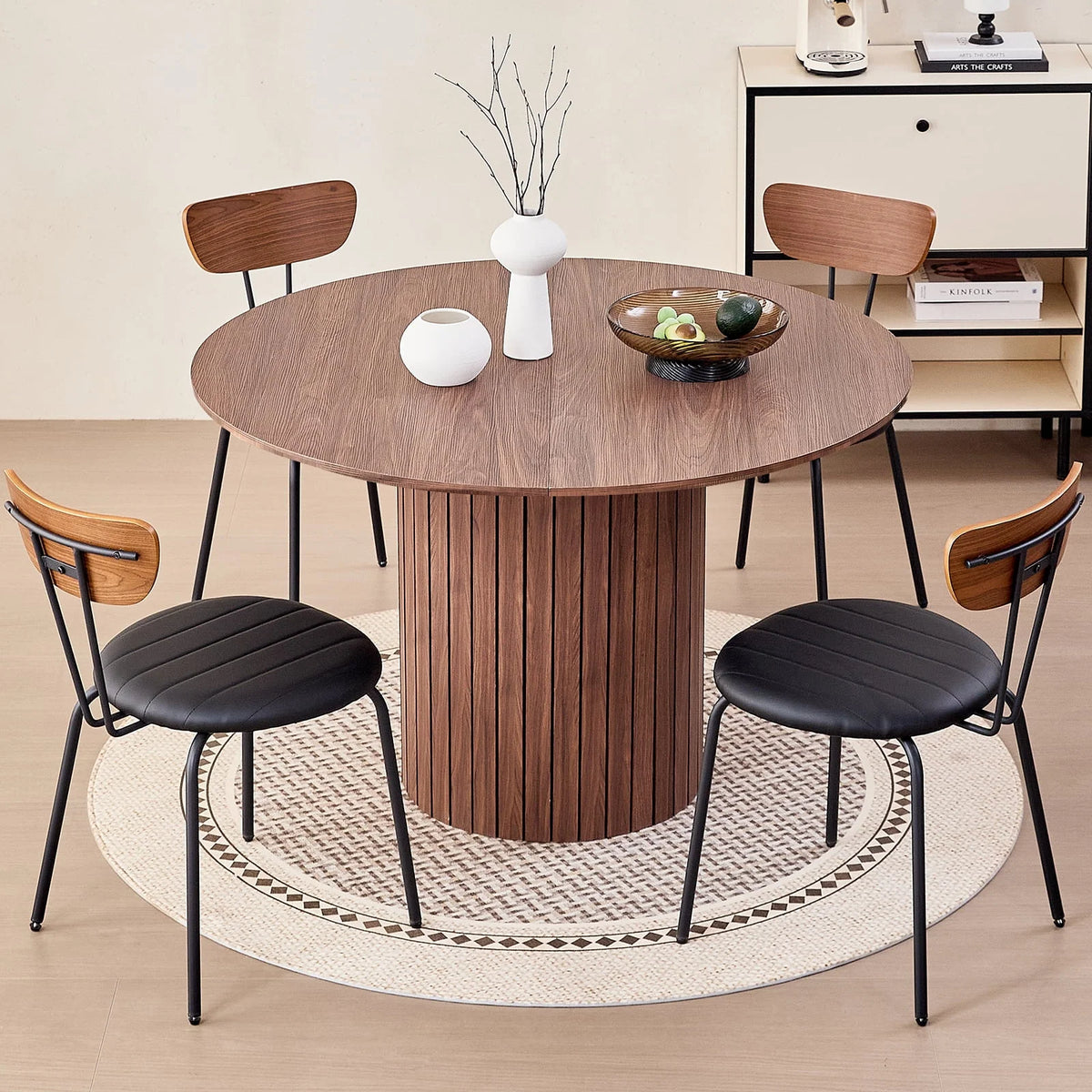 47 inches Modern Round Dining Table, Wood Kitchen Table for 4 with Two-part Tabletop and Wooden Strip Columns Base, Farmhouse Table for Kitchen, Dinning Room, Oak
