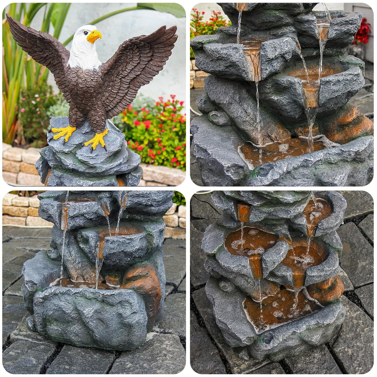 Bald Eagle Statue Outdoor Fountain Tiered Cascading Rock Water Feature for Garden Patio Backyard Porch Deck 38.58" Tall Outdoor Waterfall Sculpture Elegant Garden Decor