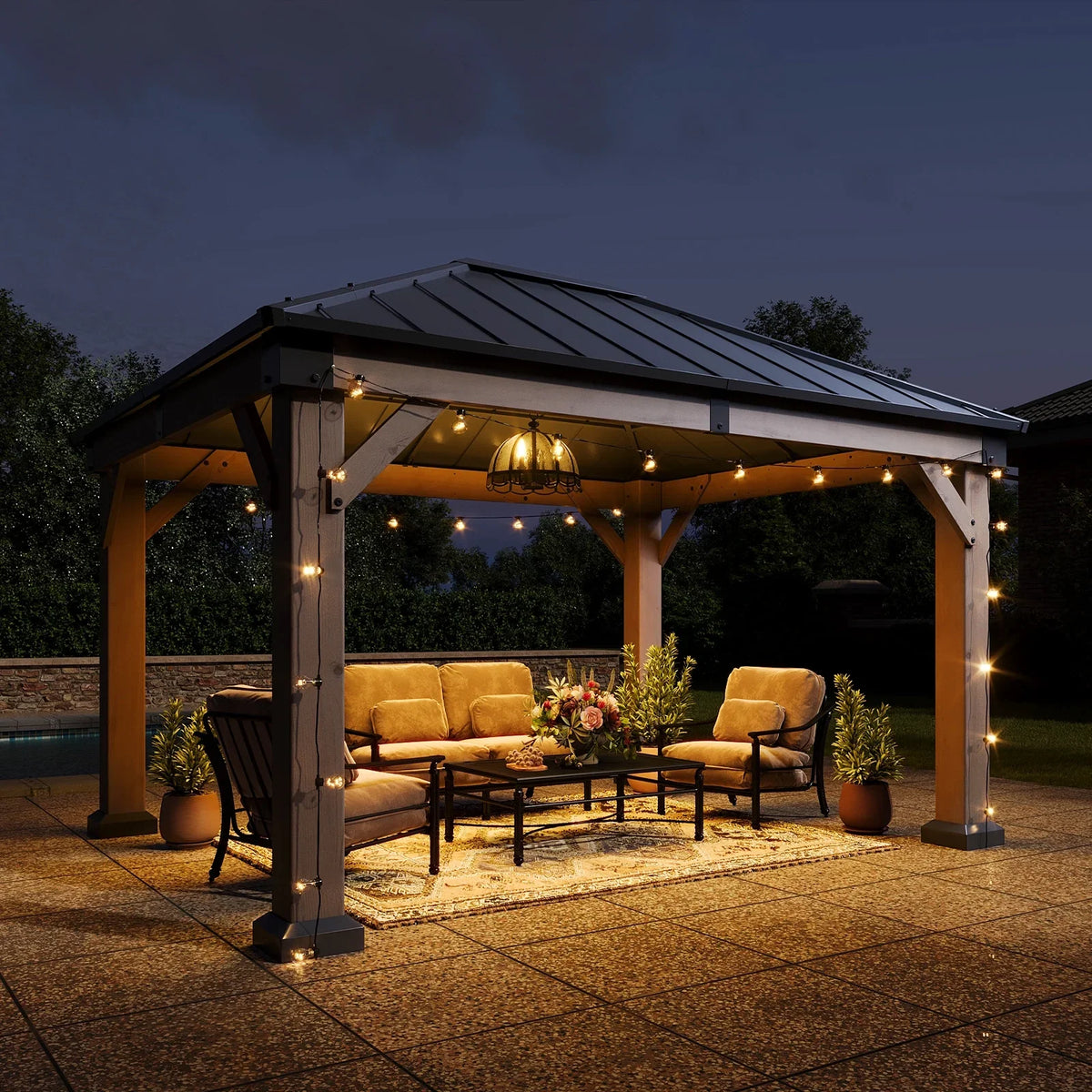 Aoxun 12' x 16' Outdoor Wood Gazebo, Hardtop Gazebo Permanent Wooden Pavilion with Galvanized Steel Double Roof, for Patio, Garden, Backyard, Cedar Wood
