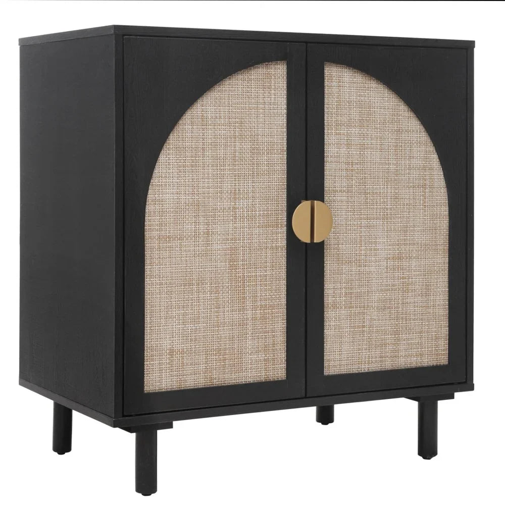 Tcbosik Rattan Storage Cabinet, Boho Sideboard Buffet Cabinet, Accent Cabinet with 2 Doors and Adjustable Shelves, Living Room, Kitchen, Dining Room, Hallyway, Black