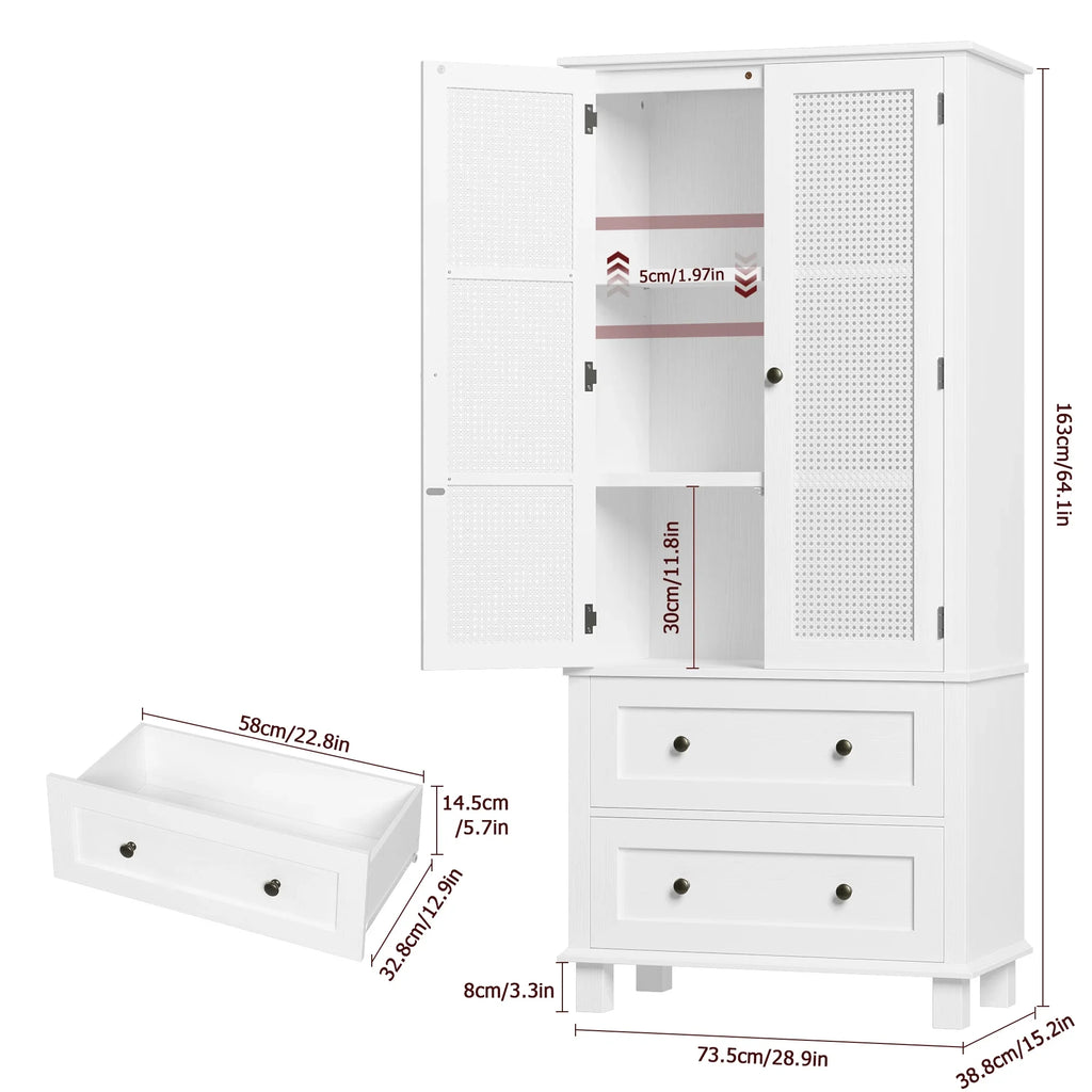 Homfa Bathroom Cabinet with Rattan Doors, Rattan Linen Storage Cabinet with 2 Drawers, Oak