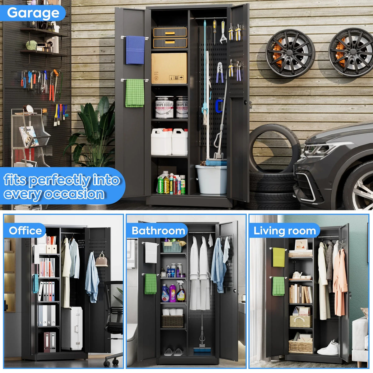 GAEANET 2 Door Metal Storage Cabinet with 5 Adjustable Shelves &Pegboard, 71" H"32" W"16" D Locking Steel Garage Cabinet, for Garage,Office,Home,Gym,School, File Cabinet,Assembly Required, Black