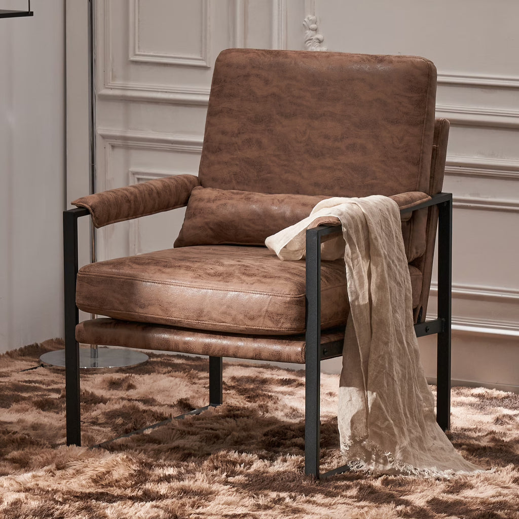 Ktaxon Accent Chair Lounge Armchair Modern Linen Fabric Upholstered Single Sofa with Black Coated Metal Frame Creamy White and Brown