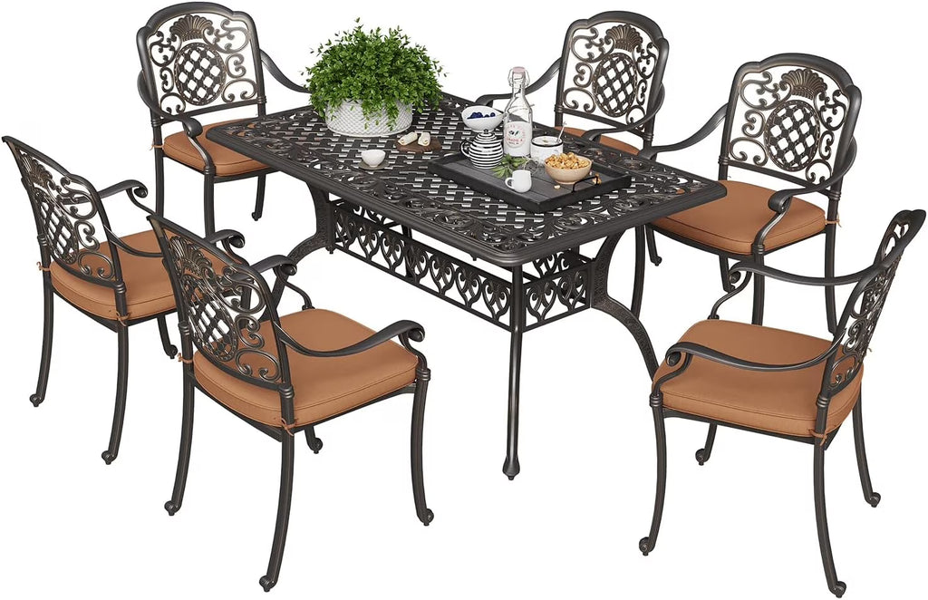 59.06" Cast Aluminum Outdoor Dining Table for 6� People, Rust-Resistant All-Weather Metal Patio Table with 2" Umbrella Hole, Heavy-Duty Garden Furniture for Deck, Backyard, Dark Bronze, Only Desk
