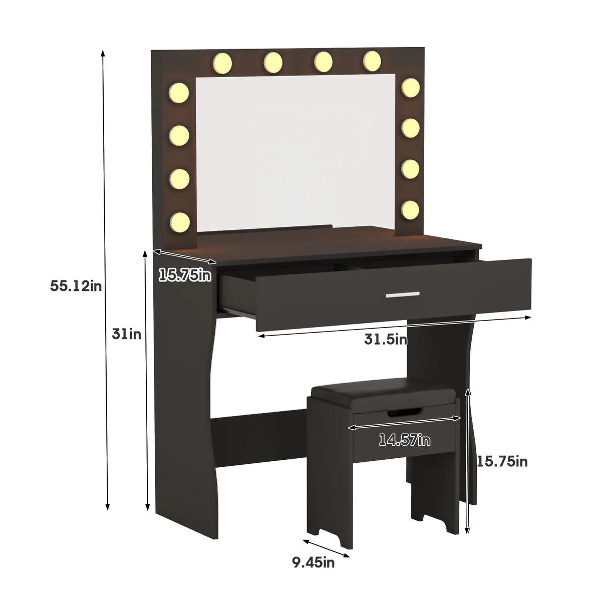 Vanity Table Set with Lighted Mirror,Makeup Vanity with Lights, Large Drawer Sturdy Wood Vanity, White