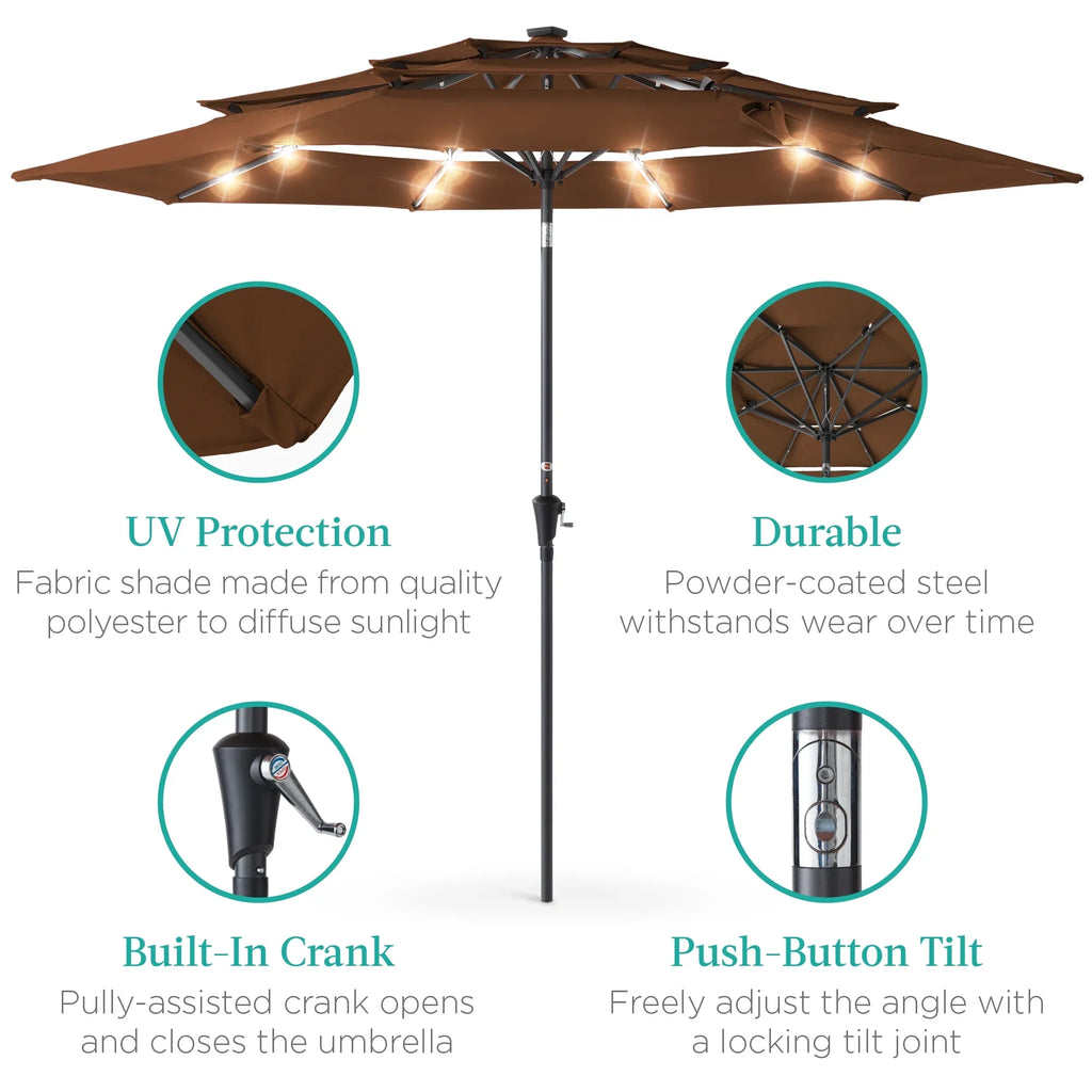 Best Choice Products 10ft 3-Tier Solar Patio Umbrella w/ 24 LED Lights, Tilt Adjustment, Easy Crank - Tan