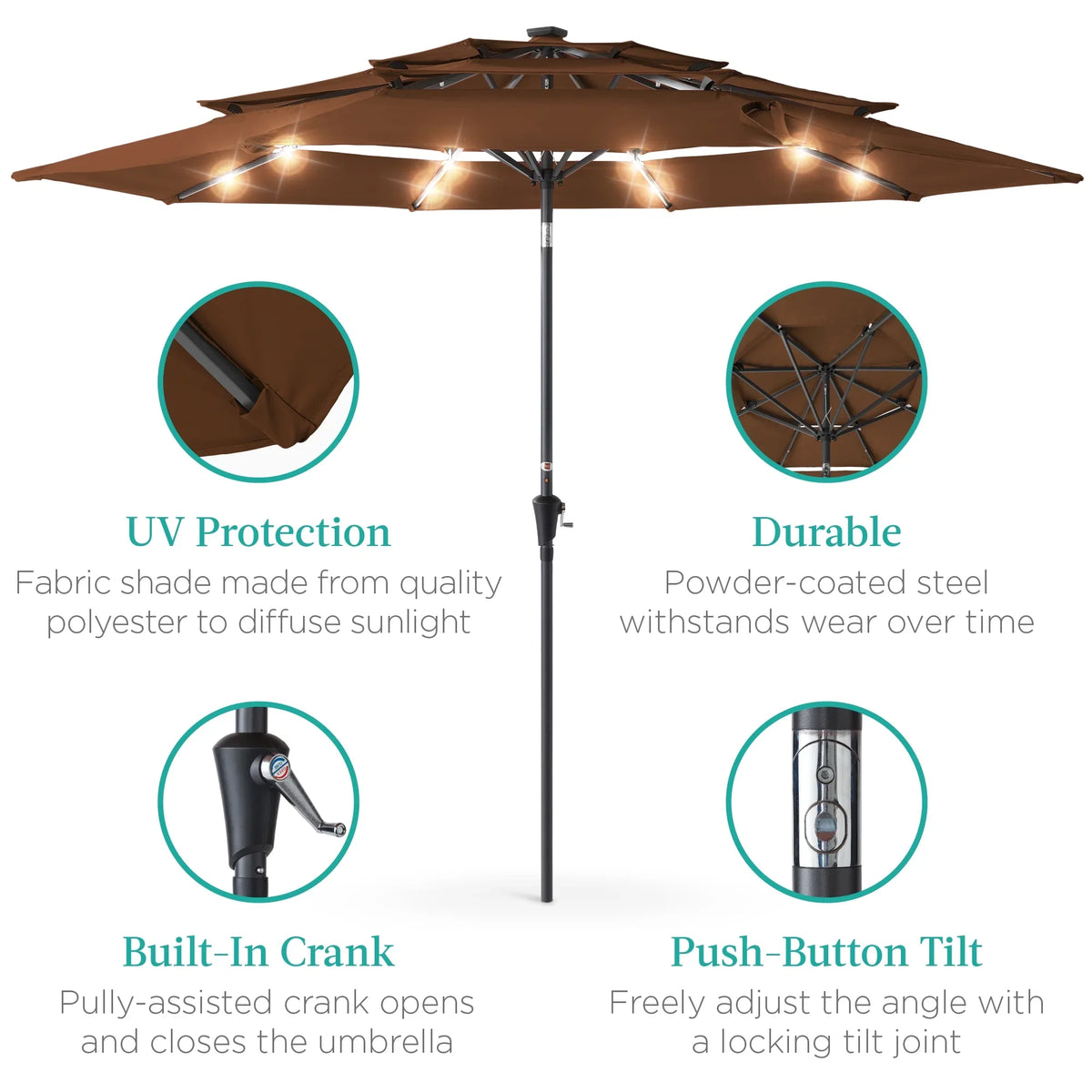 Best Choice Products 10ft 3-Tier Solar Patio Umbrella w/ 24 LED Lights, Tilt Adjustment, Easy Crank - Tan