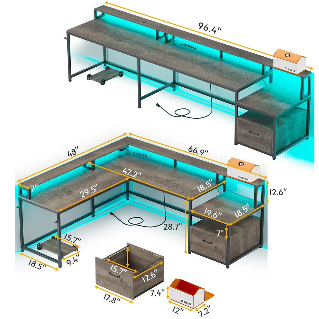 L Shaped Desk with Power Outlet and LED Lights, Corner Computer Desk with File Drawer for Home Office, Gaming Desk, Rustic Brown