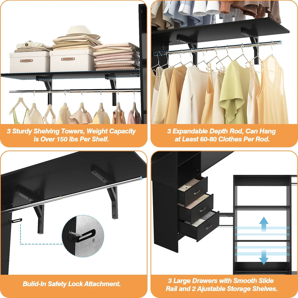 Homieasy 96 Inches Closet System, 8FT Walk In Closet Organizer with 3 Shelving Towers, Heavy Duty Clothes Rack with 3 Drawers, Built-In Garment Rack, 96" L x 16" W x 75" H, White