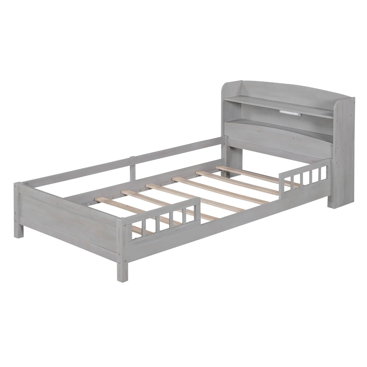 Euroco Wood Twin Size Platform Bed with Storage Headboard, Shelves and LED Light for Kids, Gray