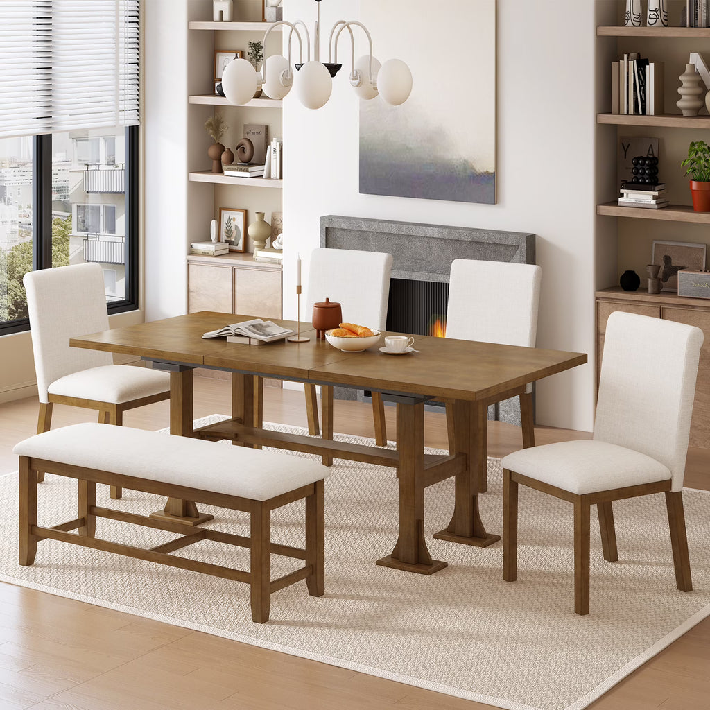 6 Piece Extendable Dining Table Set, Atumon Wood Dining Room Set for 6, Dining Table Set with 4 Cushioned Chairs and Bench, Farmhouse Dining Table Set Furniture for Kitchen Dining Room, Dark Brown